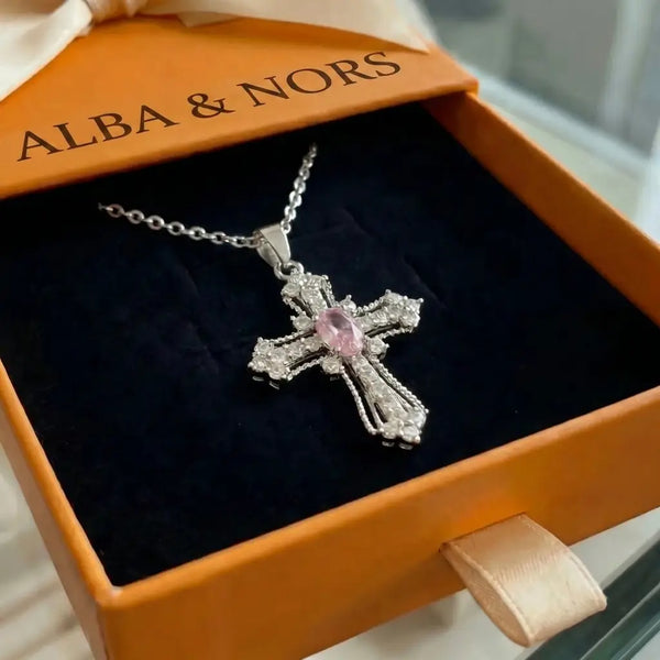 Celestial Pink Kors Halskæde | Hvidguld