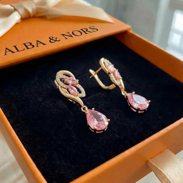 Pink Safir Glimmer Dråbeøreringe | Guld