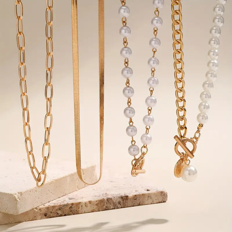 Vintage Perle & Guld Slangekæde Halskædesæt | Guld