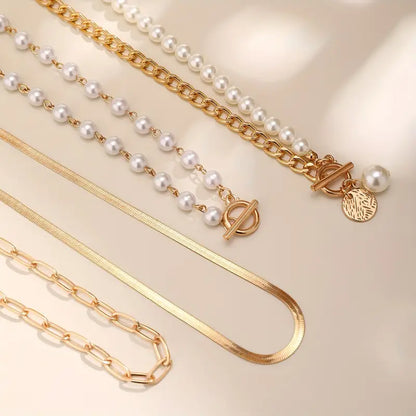 Vintage Perle & Guld Slangekæde Halskædesæt | Guld