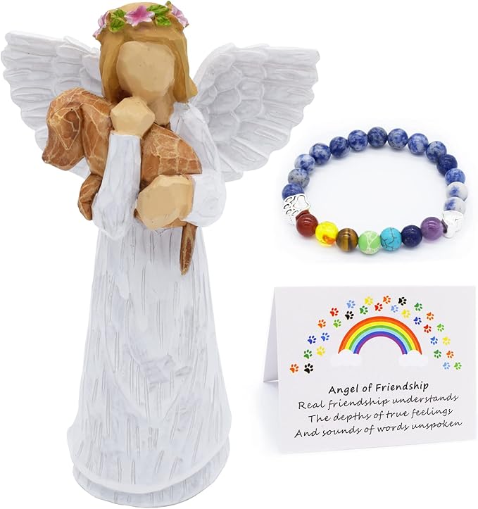 Mindegavesæt til hund med venskabsengel-figur og regnbuebro-chakraarmbånd