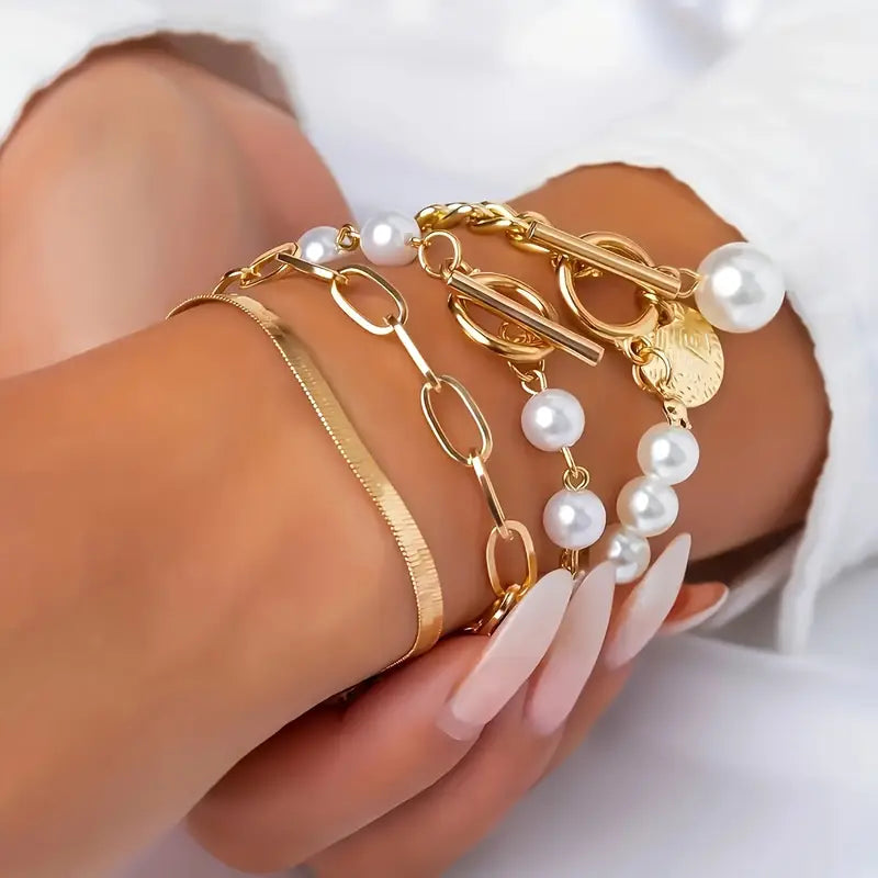 Chic Guld 4-Delt Armbåndssæt - Slange, Perler & Links | Guld