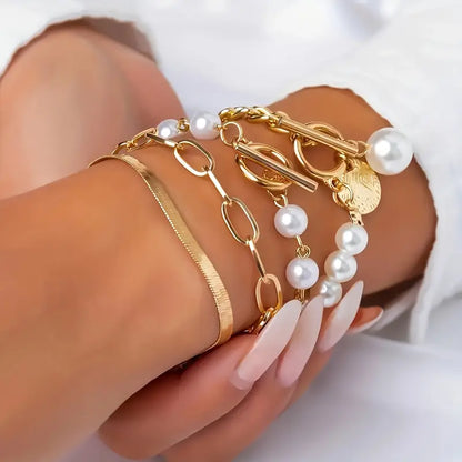 Chic Guld 4-Delt Armbåndssæt - Slange, Perler & Links | Guld