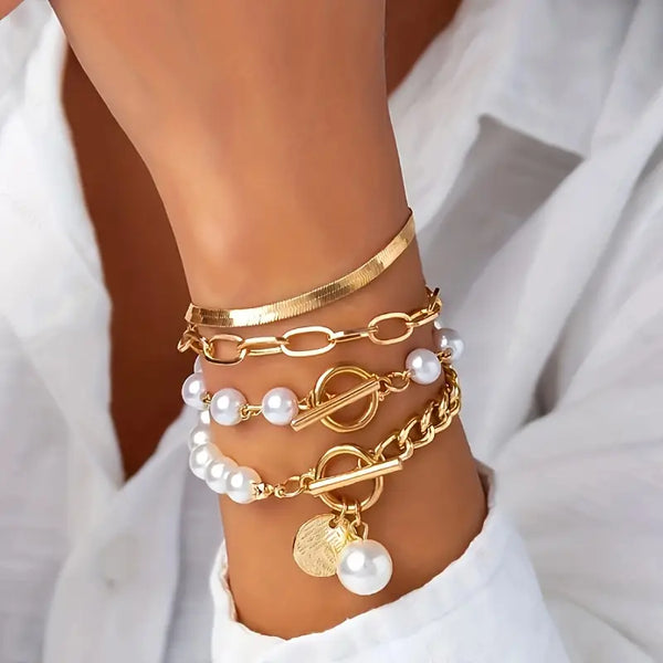 Chic Guld 4-Delt Armbåndssæt - Slange, Perler & Links | Guld