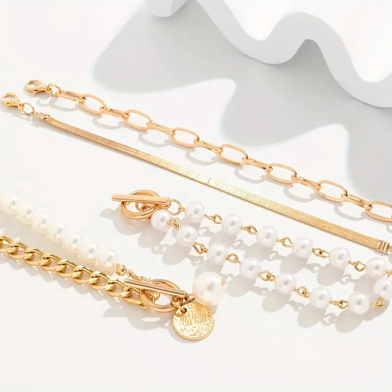Chic Guld 4-Delt Armbåndssæt - Slange, Perler & Links | Guld