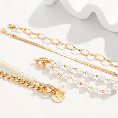 Chic Guld 4-Delt Armbåndssæt - Slange, Perler & Links | Guld