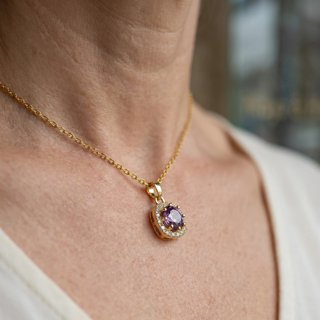 Ametyst Square Pave Halskæde | Guld