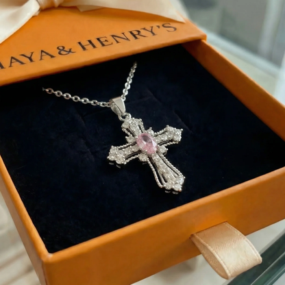 Celestial Pink Kors Halskæde | Hvidguld