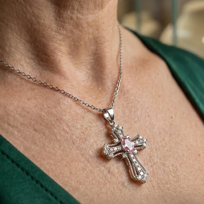 Celestial Pink Kors Halskæde | Hvidguld