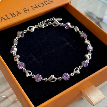 Hjerte Charm Ametyst Armbånd | Hvidguld
