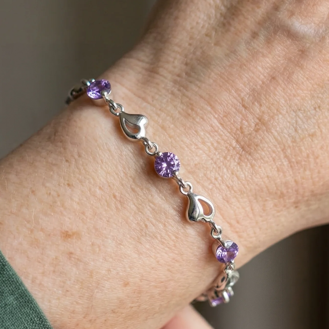 Hjerte Charm Ametyst Armbånd | Hvidguld
