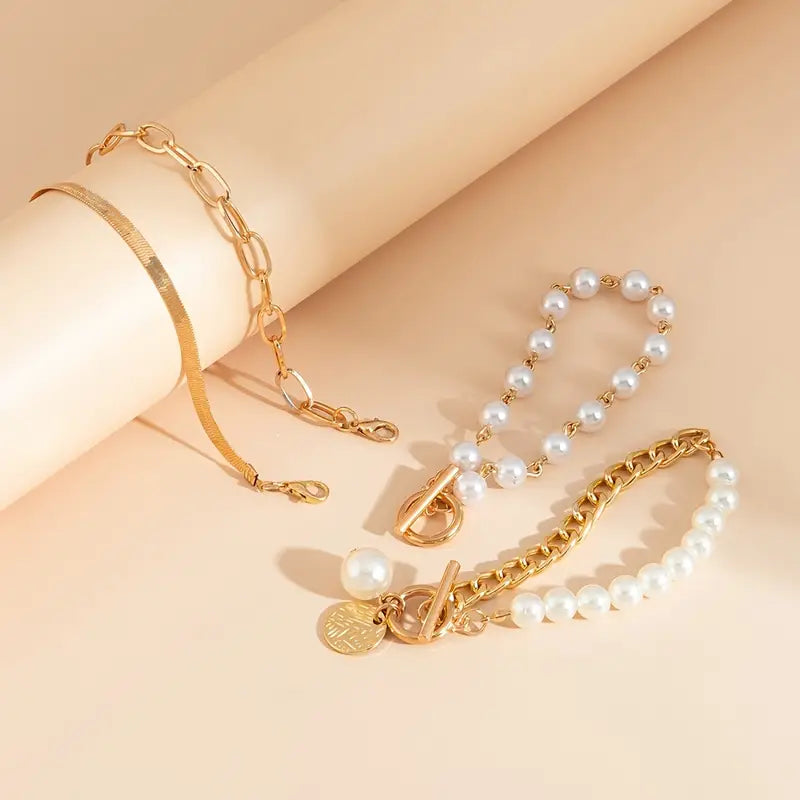 Chic Guld 4-Delt Armbåndssæt - Slange, Perler & Links | Guld