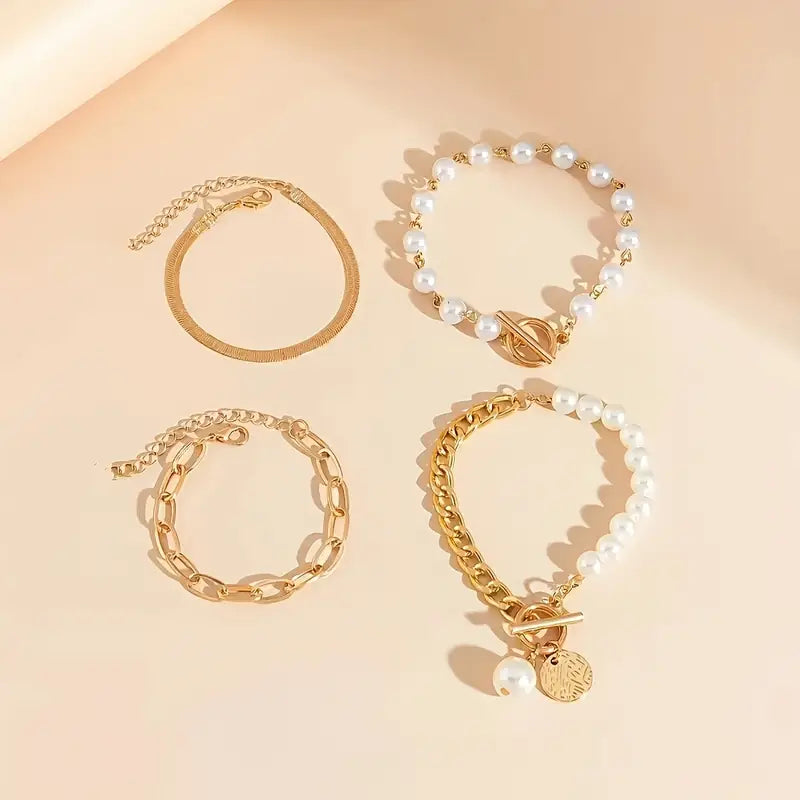 Chic Guld 4-Delt Armbåndssæt - Slange, Perler & Links | Guld