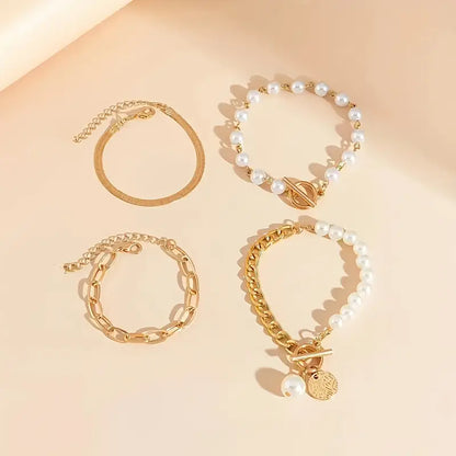 Chic Guld 4-Delt Armbåndssæt - Slange, Perler & Links | Guld