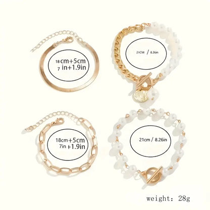 Chic Guld 4-Delt Armbåndssæt - Slange, Perler & Links | Guld