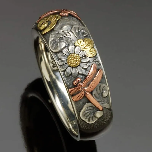 Vintage ring med solsikke og guldsmed