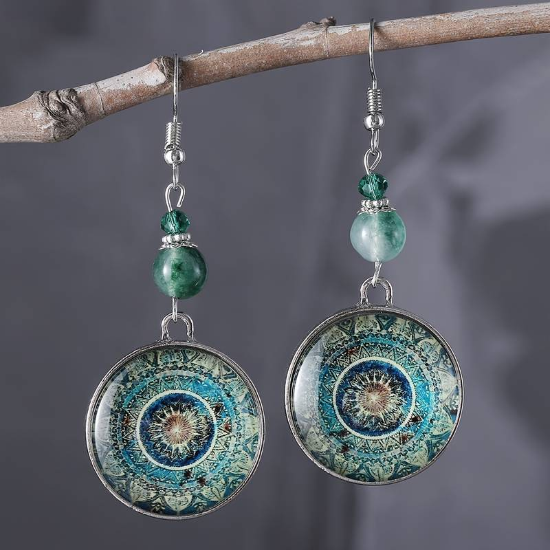 Vintage runde mandala-hængeøreringe i blå
